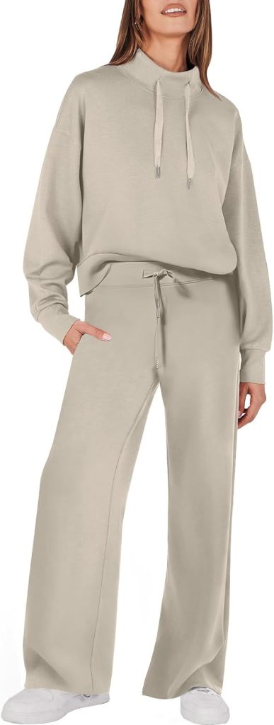 ANRABESS Womens 2 Piece Outfits Sweatsuit Set 2023 Fall Drawstring Sweatshirt Wide Leg Sweatpant Lounge Set Tracksuit