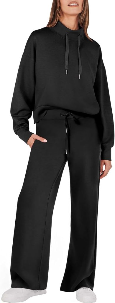 ANRABESS Womens 2 Piece Outfits Sweatsuit Set 2023 Fall Drawstring Sweatshirt Wide Leg Sweatpant Lounge Set Tracksuit