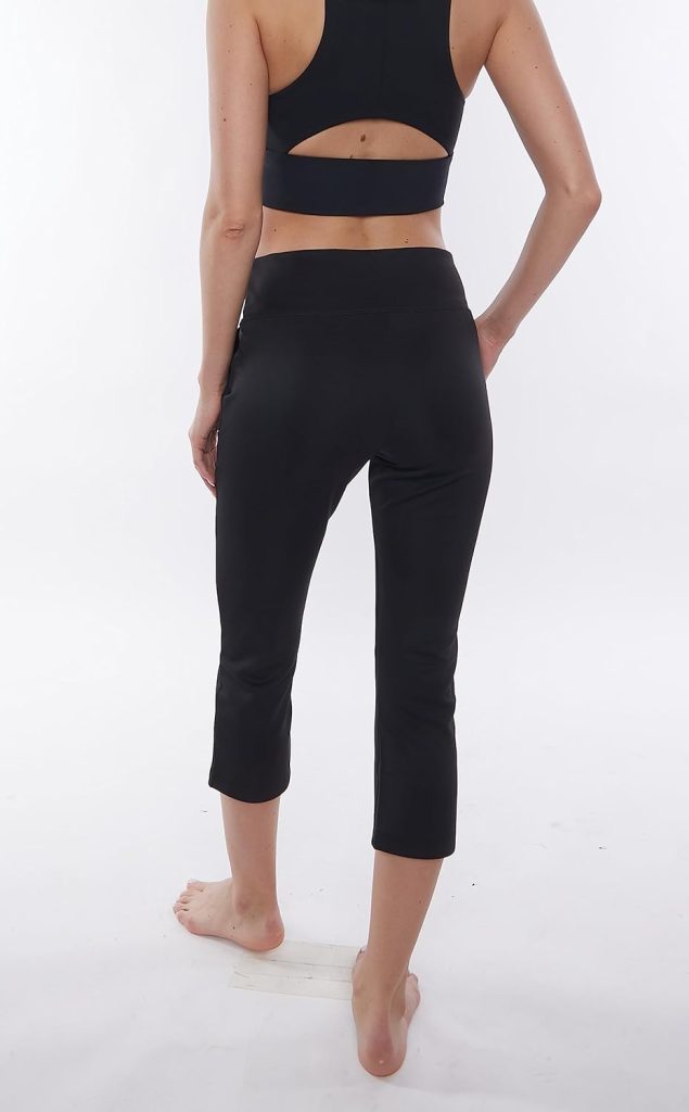 CLARANY Comfortable Athleisure Capri Pants with Pockets Travel Yoga Gym Lounge wear Color Black Bi-Stretch Made in USA