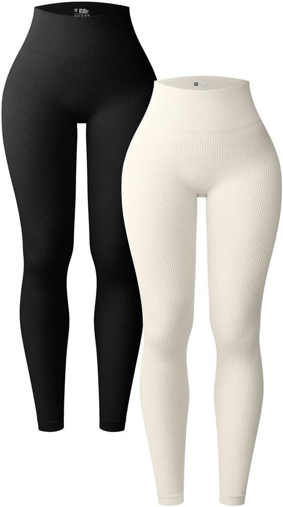 OQQ Womens 2 Piece Yoga Leggings Ribbed Seamless Workout High Waist Athletic Pants