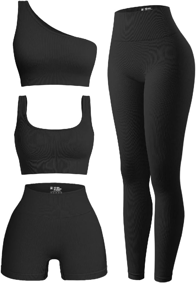OQQ Womens 4 Piece Outfits Ribbed Exercise Scoop Neck Sports Bra One Shoulder Tops High Waist Shorts Leggings Active Set