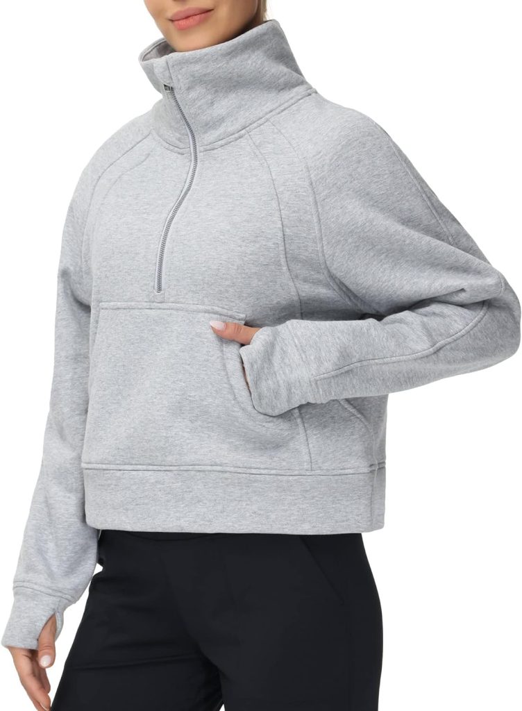 THE GYM PEOPLE Womens Half Zip Pullover Fleece Stand Collar Crop Sweatshirt with Pockets Thumb Hole