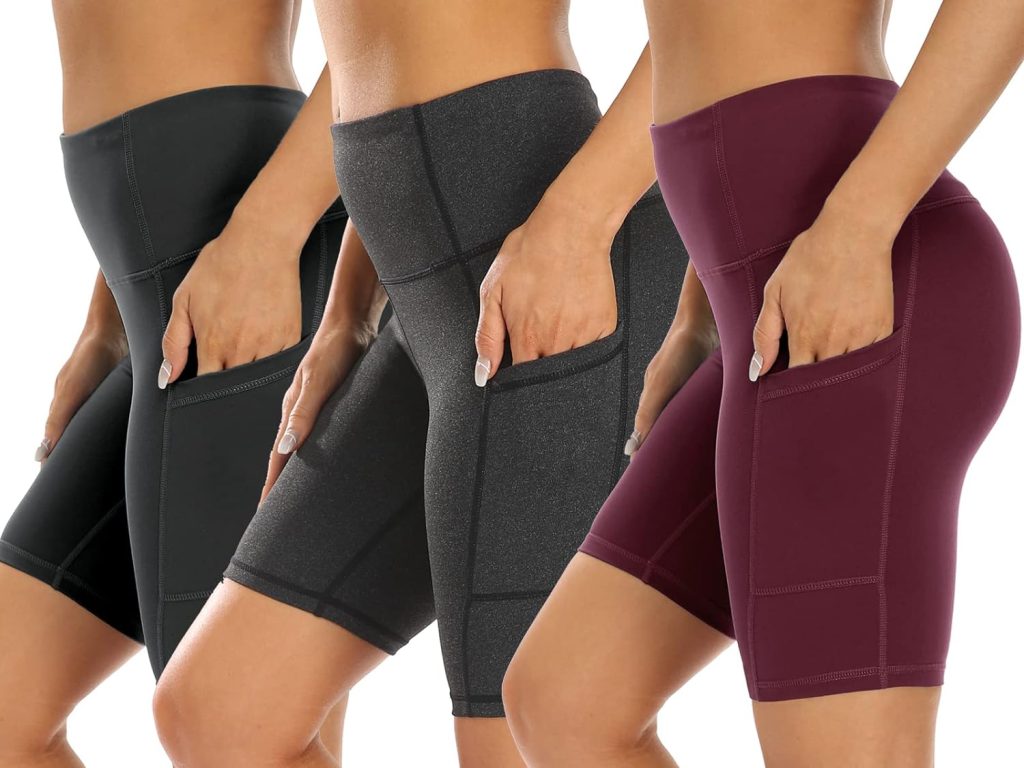 3 Pack High Waist Out Pocket Yoga Short 8/5 Tummy Control Workout Shorts Running Athletic Non See-Through Active Shorts
