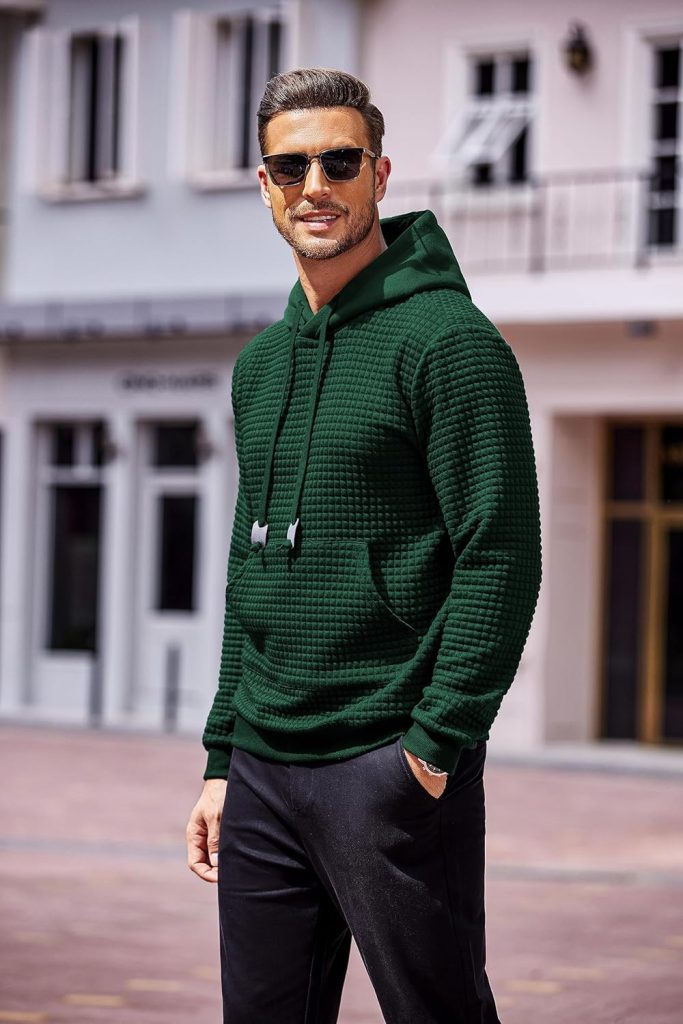 COOFANDY Mens Hooded Sweatshirt Long Sleeve Fashion Gym Athletic Hoodies Solid Plaid Jacquard Pullover with Pocket