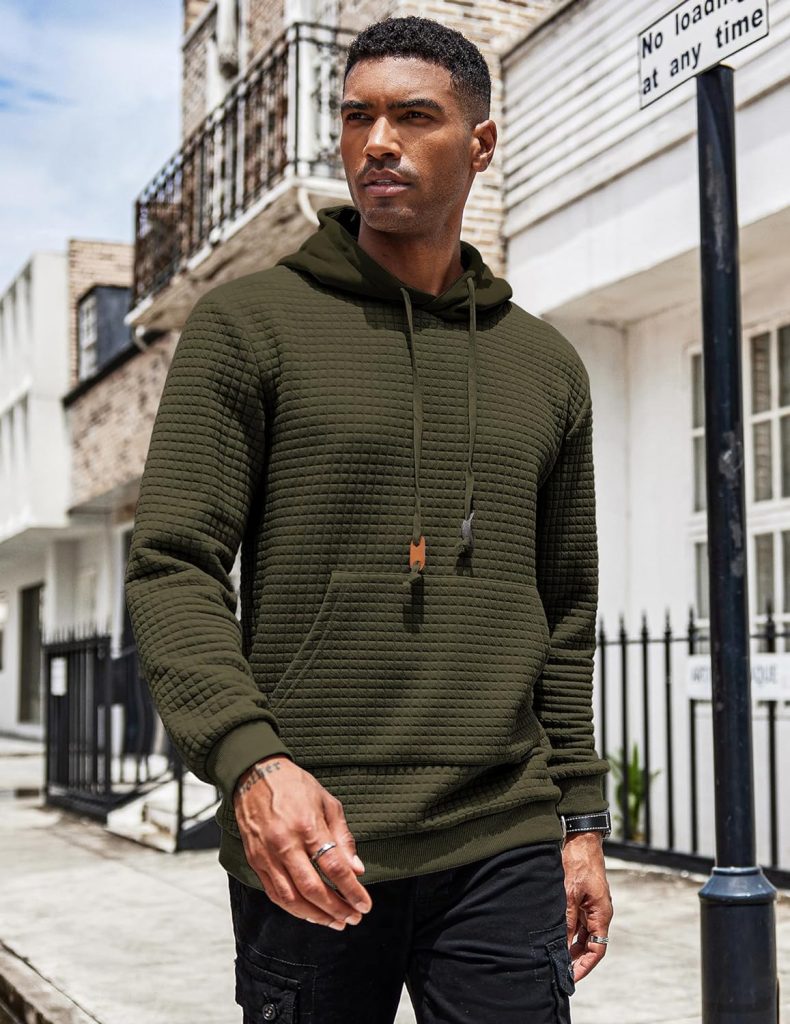 COOFANDY Mens Hooded Sweatshirt Long Sleeve Fashion Gym Athletic Hoodies Solid Plaid Jacquard Pullover with Pocket