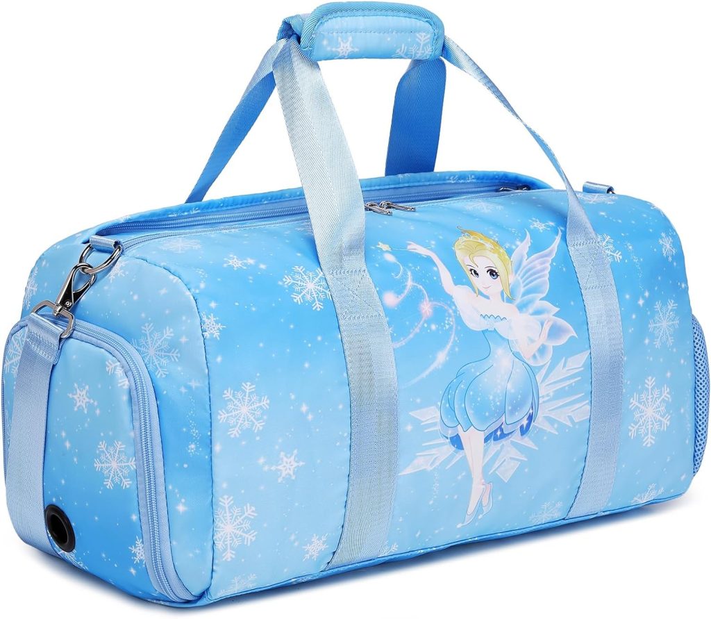 Dance Bags for Girls, Fairy Blue Duffle Bags with Wet  Shoe Compartment Ballet Bag for Girls, Water Resistant Gym Sport Travel Bag Overnight Sleepover Bags for Kids