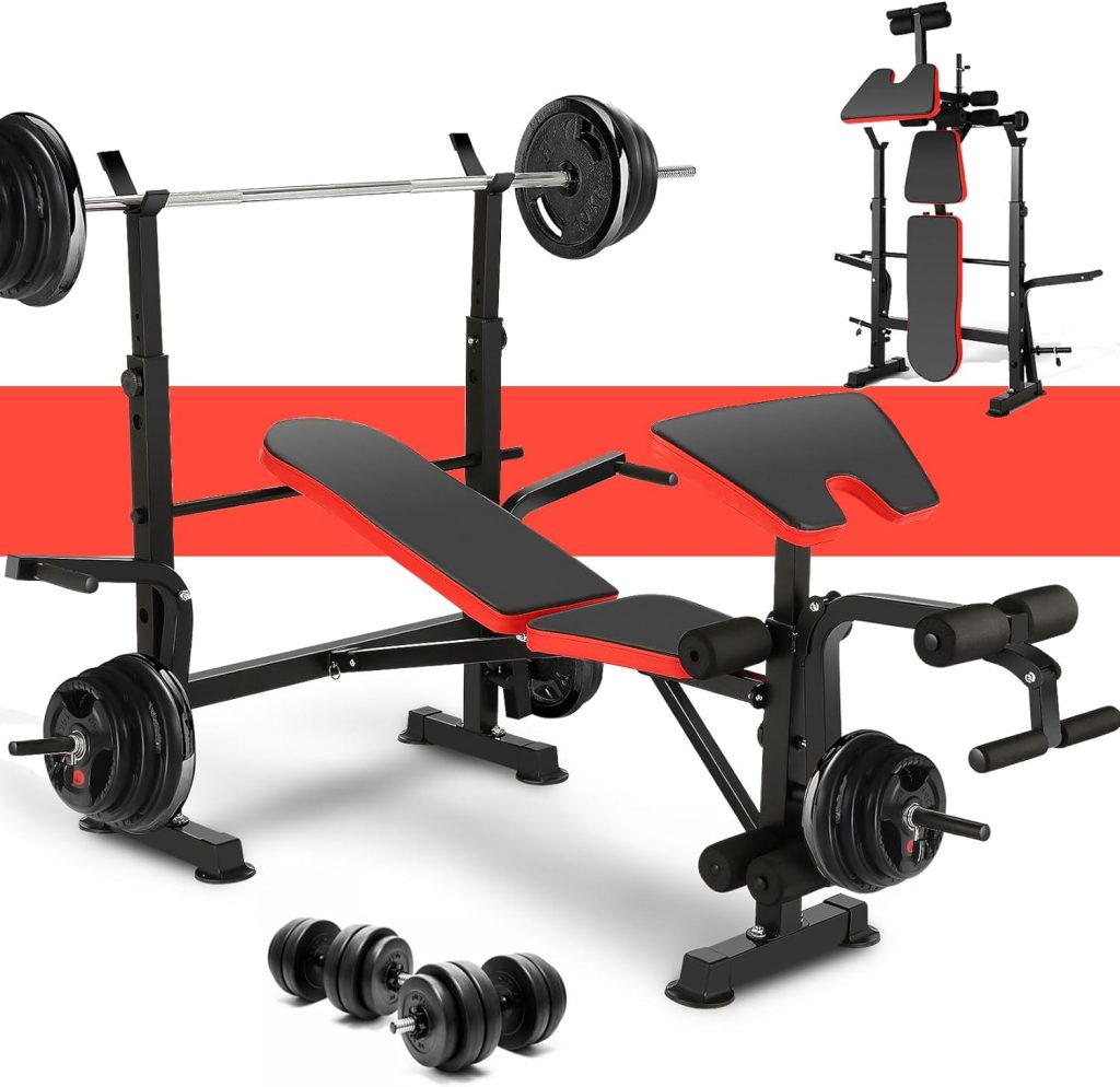 Hicient 660lbs Olympic Weight Bench Press Set with Preacher Curl  Leg Developer Multifunctional 5 in 1 Adjustable Weight Bench Set Exercise Equipment for Indoor Gym Home Full-Body Workout SXLX1 (Red)