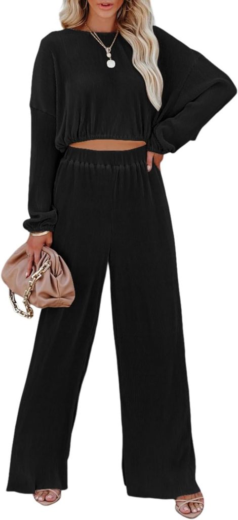 Dokotoo 2 Piece Outfits for Women Crewneck Long Sleeve Crop Tops and Wide Leg Pants Sets