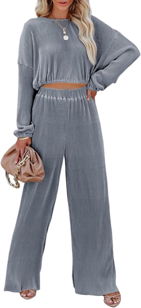 Dokotoo 2 Piece Outfits for Women Crewneck Long Sleeve Crop Tops and Wide Leg Pants Sets