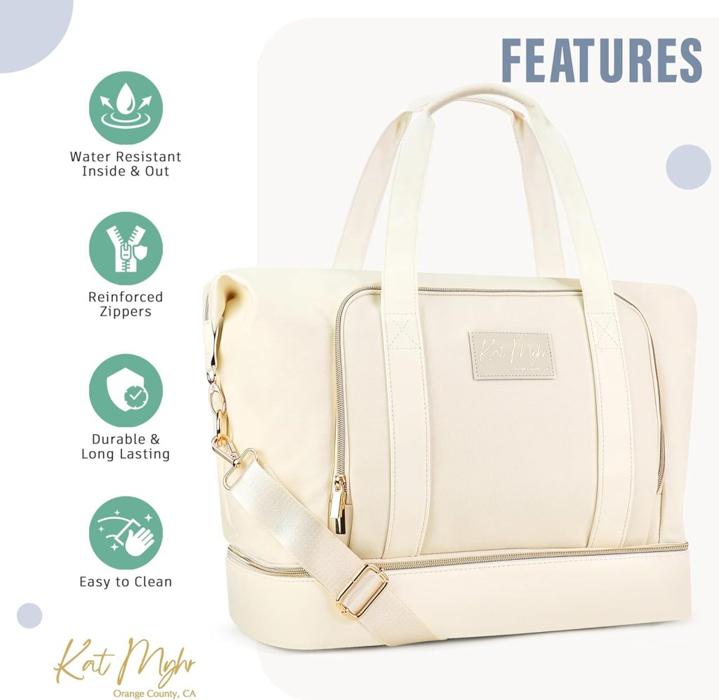 Kat Myhr Womens White Weekender Travel Bag - Luxury Quality Carry On Bag for Airplane  Travel Duffle Bag - Large Weekend Bag for Women Travel with Shoe Compartment - Overnight Bag