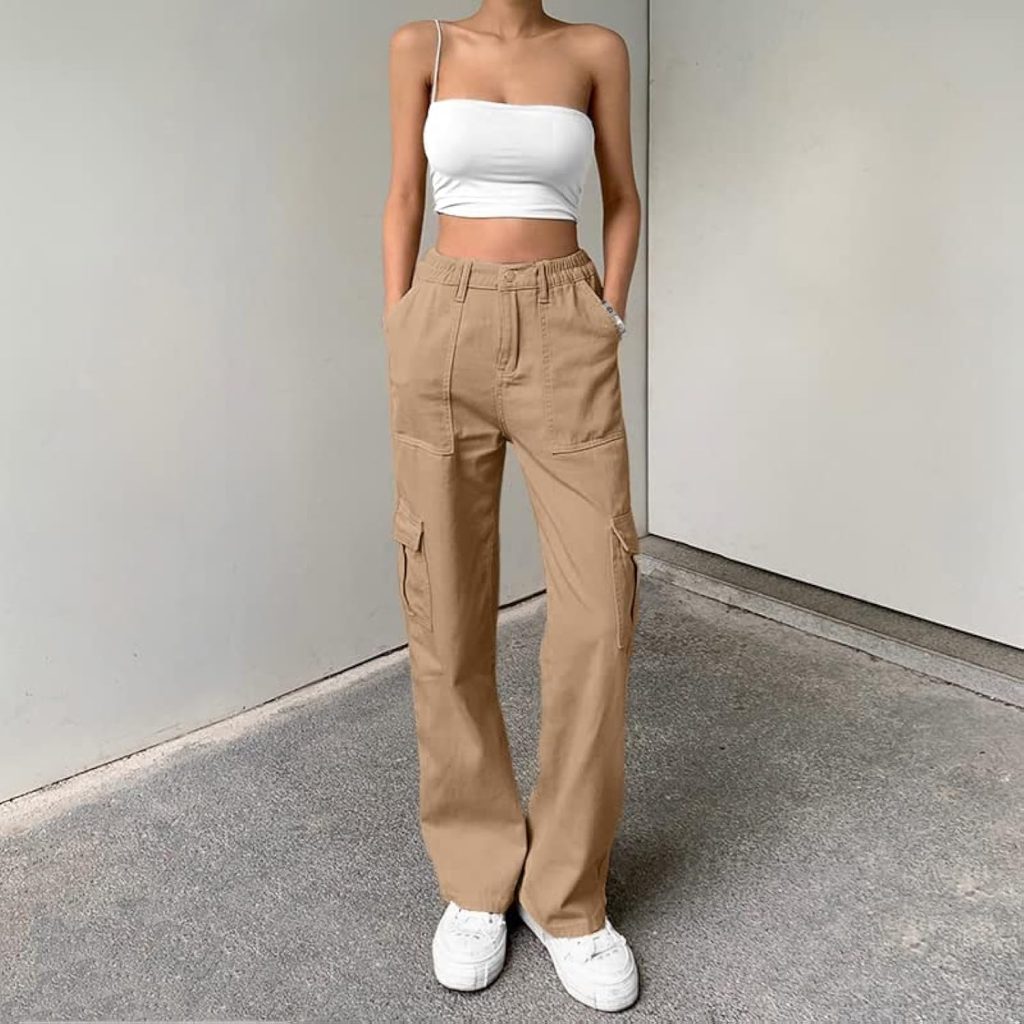 Lepunuo Cargo Pants for Women High Waisted Casual Pants Baggy Stretchy Wide Leg Y2K Streetwear with 6 Pockets