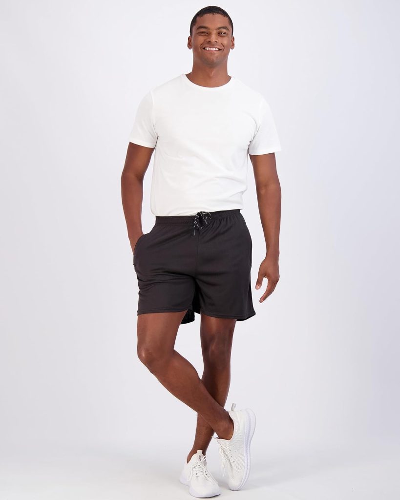 Real Essentials 4 Pack: Mens 5 Mesh Quick-Dry Running Shorts with Zipper Pockets  Drawstring (Available in Big  Tall)